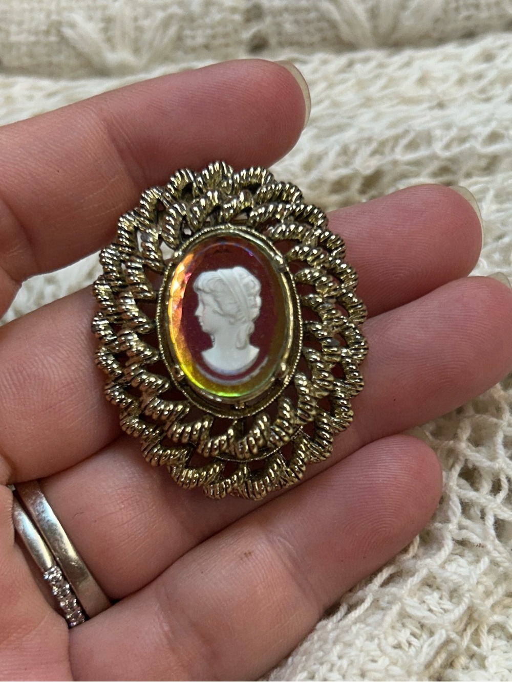 Vintage Gold Cameo Brooch with Pink Iridescent and White Profile